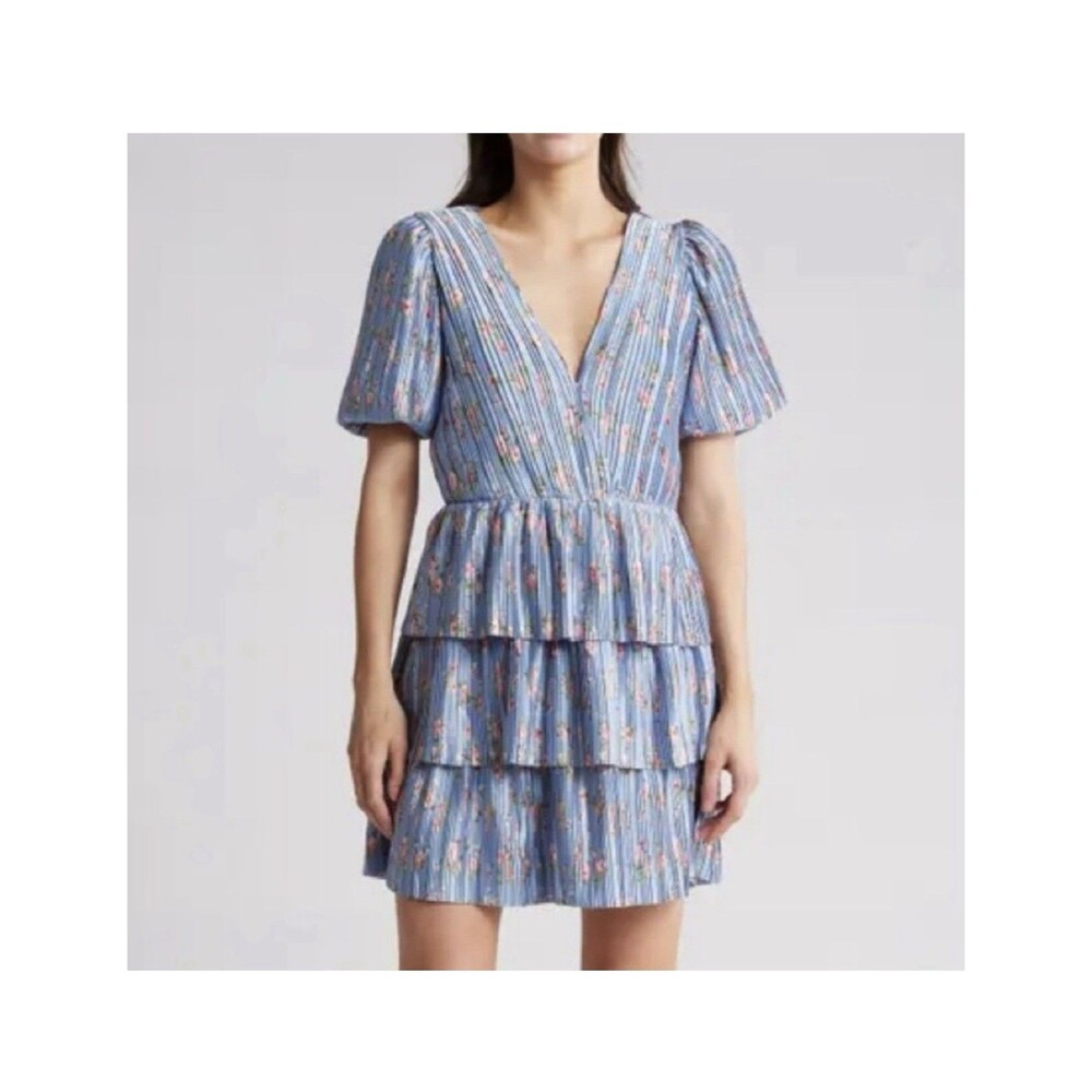 Wayf Floral Tiered Minidress In Blue Roses baby blue dress Size XS